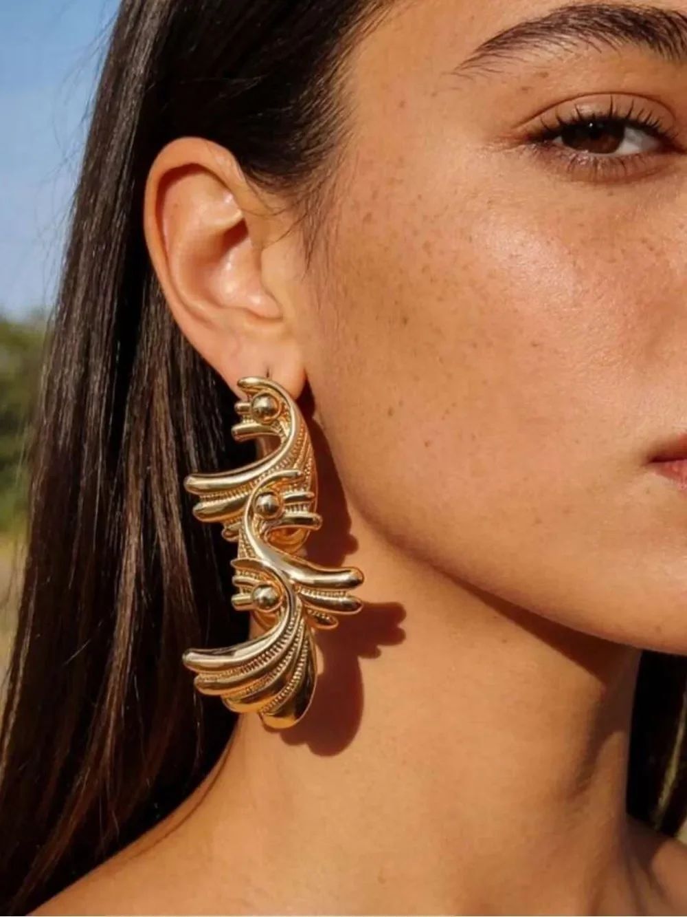 Gold Statement Winged Drop Earrings R701 - Picture 2 of 3